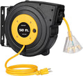 DEWENWILS Retractable Extension Cord Reel, 50FT Power Cord Reel with 14AWG/3C SJTOW, 13A Circuit Breaker, Wall/Ceiling Mounted, 3-Lighted Triple Outlets for Garage, Workshop, UL Listed, Yellow