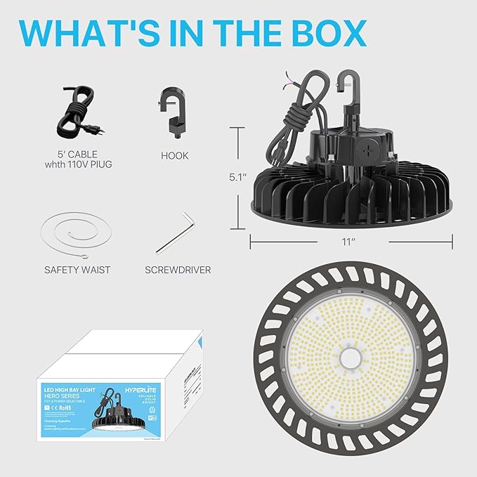 HYPERLITE 4Pack LED UFO High Bay Lights 250W 36,250lm 1-10V Dimmable 5000K 5' Cable with 110V Plug Hanging Hook Safe Rope UL Listed for Shopping Mall Stadium Exhibition Hall