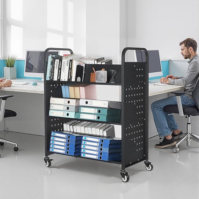 VEVOR Rolling Library Book Cart, 330 lbs Capacity, 38.2 x 20.3 x 48.2-Inch Library Cart, Double Sided W-Shaped Shelves with 3-Inch Lockable Wheels, Book Truck for Home Shelves Office and School, Black