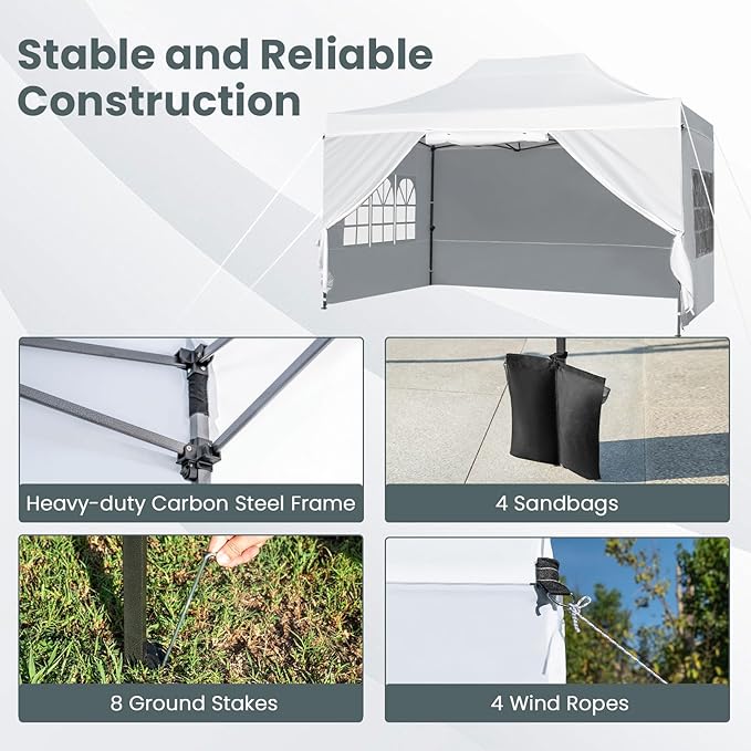 Tangkula 10x14 FT Pop Up Canopy, Outdoor Tent with 4 Sidewalls, Roll-up Door, Wheeled Bag, 4 Sandbags, 8 Stakes, 4 Wind Ropes, Portable Canopy Tent for Beach Party Event Camping (White)