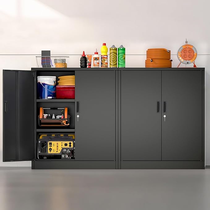 Metal Storage Cabinet, 36" H Locking Storage Cabinet with 2 Adjustable Shelves, Metal Cabinets for Garage, Home, Office, Utility Room-Black