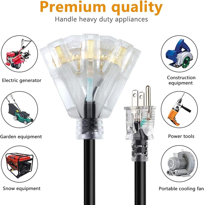 15FT 12/3 Extension Cord Heavy Duty Black 3-Outlet Indoor/Outdoor SJTW Lighted 12-Gauge Grounded Power Cable,12AWG 15 Amp, 1875 Watts，UL Listed，Safety