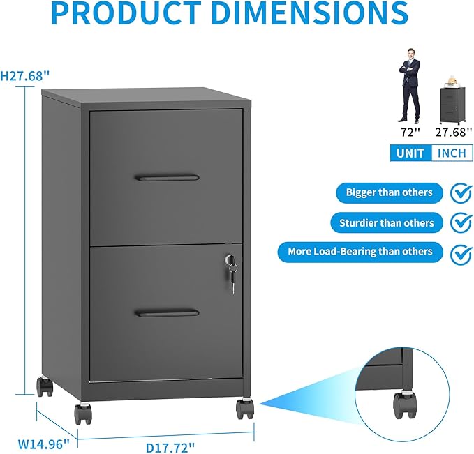 2 Drawer Mobile File Cabinet with Lock and Wheels, Small Vertical Under Desk Steel Rolling Storage Cabinet for Home Office Legal/Letter/A4 Files, Assembly Required (Black)