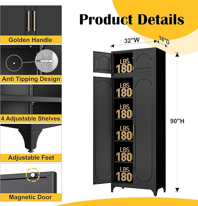 Metal Storage Cabinet and Wall Upper Storage Cabinet,90Inch White Kitchen Pantry Cabinets with 4 Adjustable Shelves,Tall Food Cupboards for Living Room, Dining Room Office