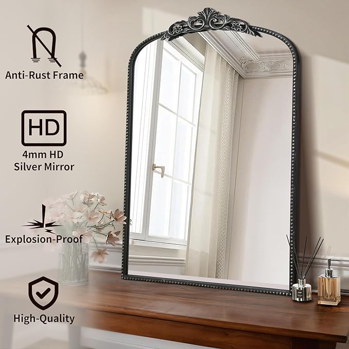 Micasso Vintage Wall Black Mirror: 24" x 36" French Baroque Antique Mirror - Traditional Ornate Decorative Arched Mirrors for Wall/Bathroom/Entryway/Fireplace/Hallway - Home Decor for Living Room