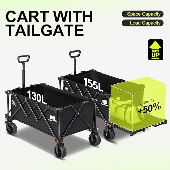 Collapsible Wagon Cart with Extended Tailgate,Heavy Duty Folding Cart, 155L Foldable Utility Wagons for Beach, Picnic, Grocery, Outdoor Camping(Black)