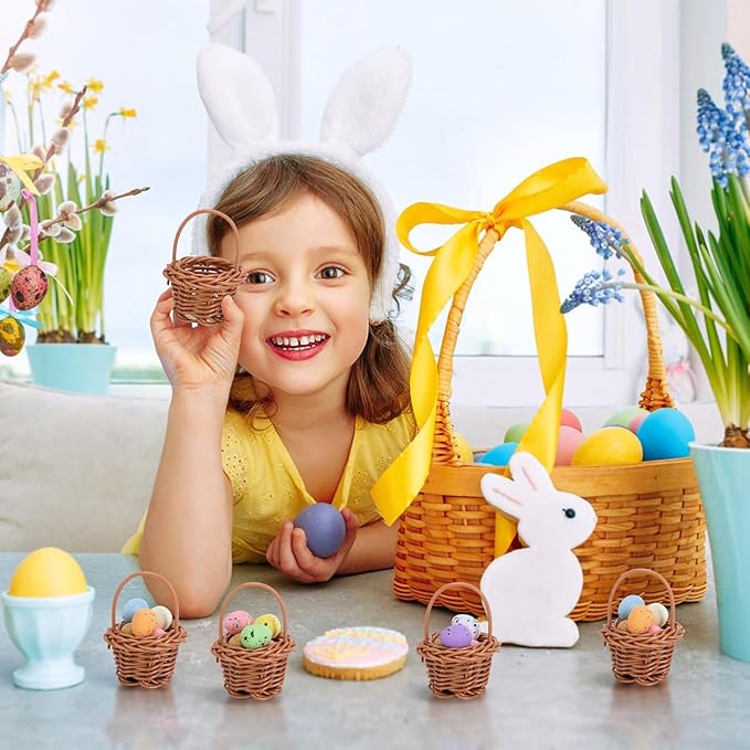 12 Pack Easter Mini Woven Handbasket with 50 Pcs Eggs,Tiny Decorative Picnic Baskets with Handle, Easter Miniature Basket Set for Home Office Decor Wedding Birthday Party Favors