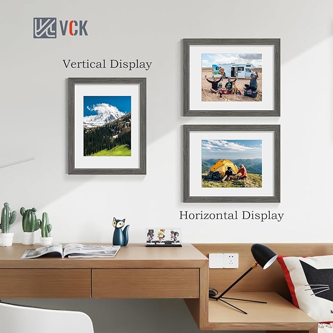 VCK 11x14 Picture Frame 2 Pack - Grey, High-End Wood Poster Frames with Tempered Glass, Display 8x10 Photo with Mat or 11x14 without Mat, Art Gallery-Quality, Wall Hanging, Grey