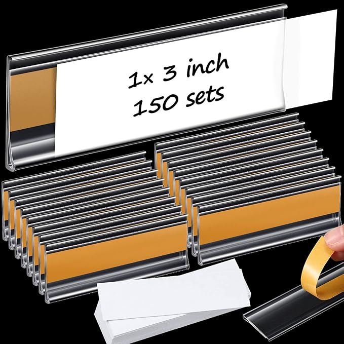 Yexiya 150 Pieces 3 x 1 Inch Label Holder Self Adhesive Clear Plastic Shelf Tag Sticking Price Label Holders with Paper Inserts Bulk for Supermarket School Library Bookshelves Mailbox Storage Bins