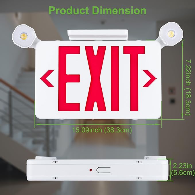 Gruenlich Red Exit Sign with Emergency Lights, 2 Adjustable LED Heads and Backup Battery, UL 924, AC 120/277V, Commercial Hardwired Exit Light for Business, 1 Pack