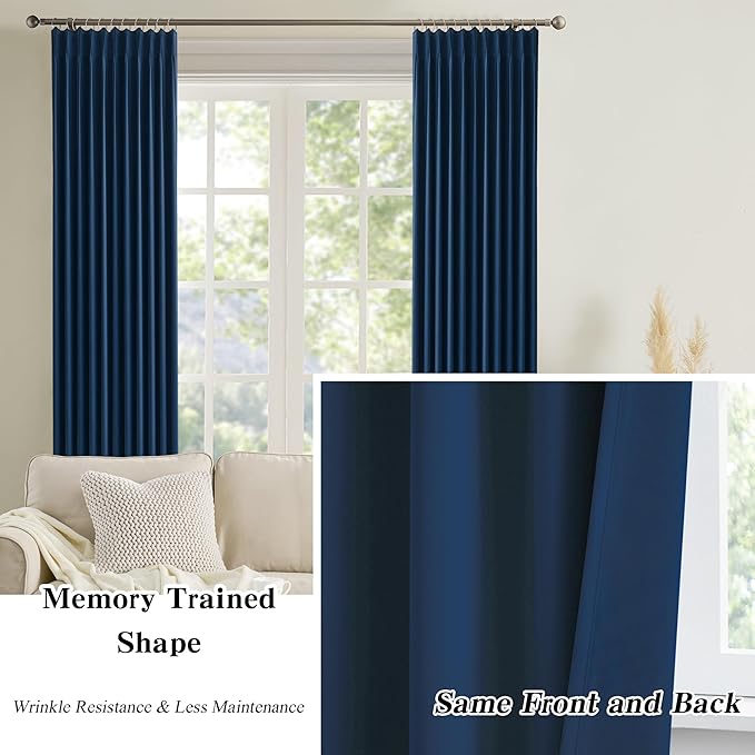 KEQIAOSUOCAI Navy Pleat Wide Width Drapes 80 x 108 inch Long 2 Panels - Thermal Insulated Room Divider Curtains for Bedroom/Living Room/Patio, Pinch Pleated Curtain Panel with Hooks