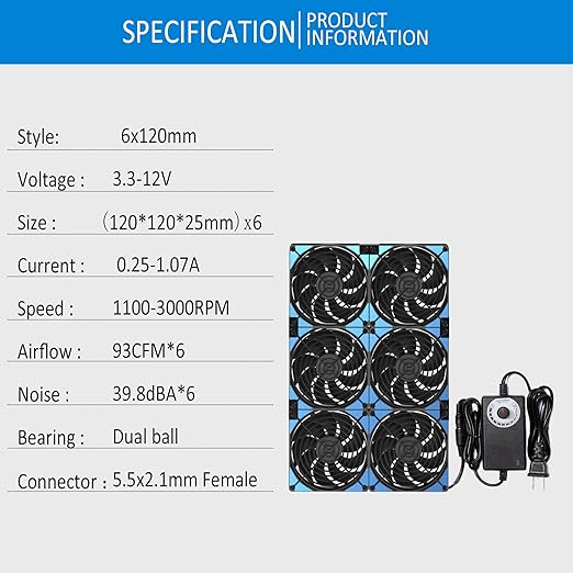 120mmx6 720mm Adjustable Computer PC Box Vent Fans 3V-12V Speed Controller for Flexible Arrange Cabinet Rack Space Window Wall Server Mining Rig Chicken Coop Exhaust Cooling