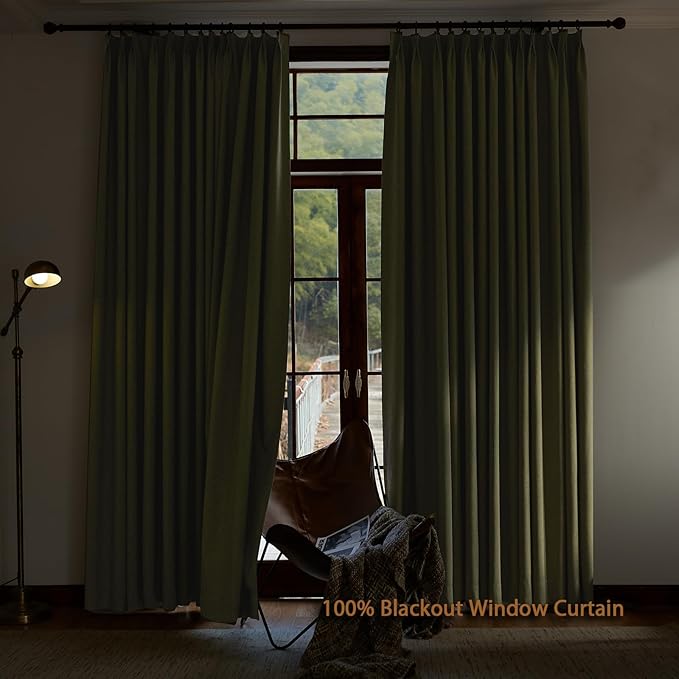 Textured Linen Double Pleated 100% Blackout Curtains for Bedroom/Living Room Blackout Curtains 96 Inches Long, Energy Saving Window Treatment Curtains,100Wx96Lx2,Lemon