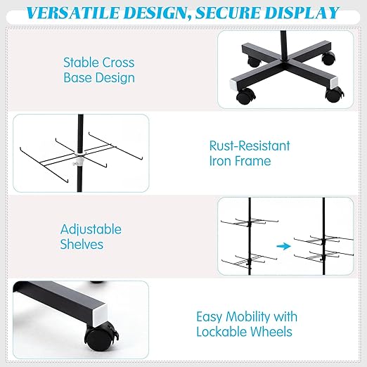 Ripeng 2 Pcs 7‑Tier Retail Display Stand – Rotating Display Rack with Wheels for Jewelry Keychains Socks Hats – Adjustable Movable Shop Spinner for Craft Shows Vendor Events & Stores Accessories,Black
