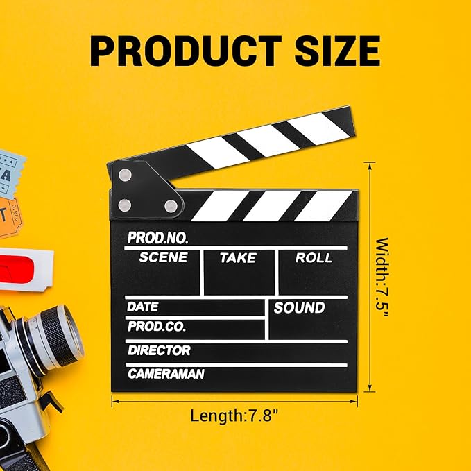 Movie Film Clapboard Hollywood Wooden-Clapper Board Directors Photography Studio Video TV Clapper Board with Erasable Pen Movie Theater Props Decor，Black Clap Board 7.8 X 7.5 inches