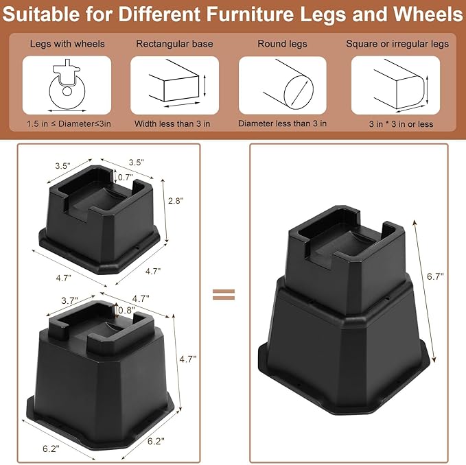 shouwuhho Bed Risers 6 inch, Furniture Risers Elevation in Heights 6 Inch Heavy Duty, Bed Lift Risers for Caster Wheels or Posts of Bed Table Couch, Support up to 6000 lbs, Black, 6 Pack