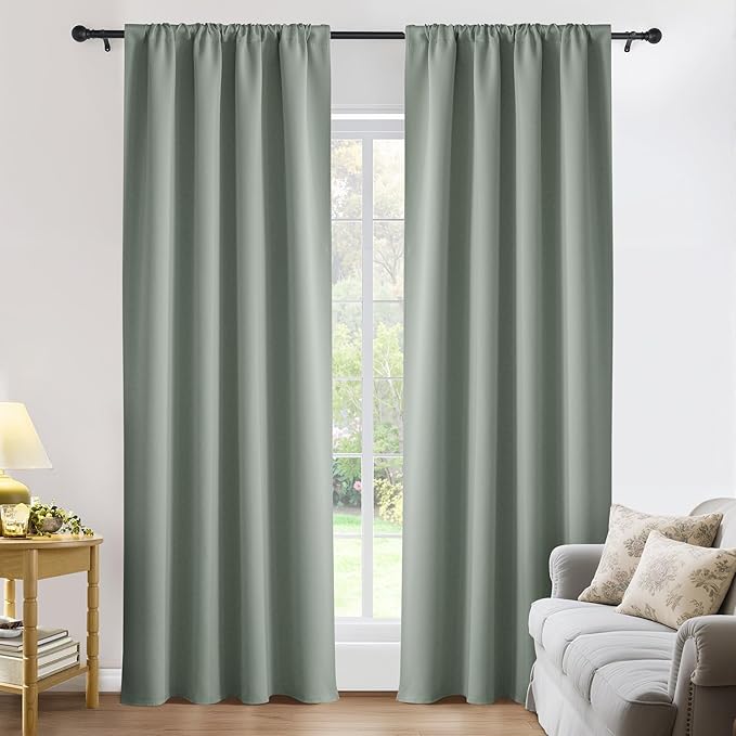 PONY DANCE Blackout Curtains for Bedroom 90 inches Long 2 Panels Set, Thermal Insulated Rod Pocket Black Out Window Drapes, Noise Reducing Window Treatment for Living Room(W52 x L90 inch, Sage Green)