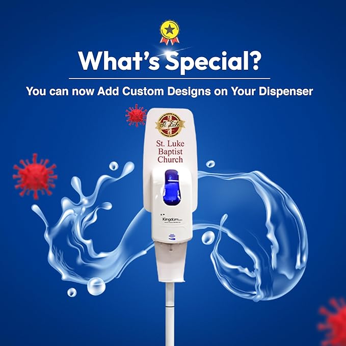 Kingdom Elite Series Automatic Touchless Hand Sanitizer Dispenser with Three Adjustable Dosage Settings Plus a White Metal Stand for Your Liquid and Gel Hand Sanitizers (Personalized)