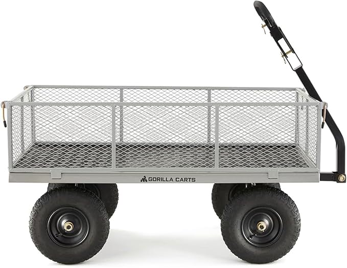 Gorilla Carts Steel Utility Cart, 7 Cu Ft Bed, 1000 lb Load Capacity, Gray – Towable Heavy-Duty Outdoor Hauling Wagon with Removable Side Panels for Yard, Lawn, Garden or Landscaping
