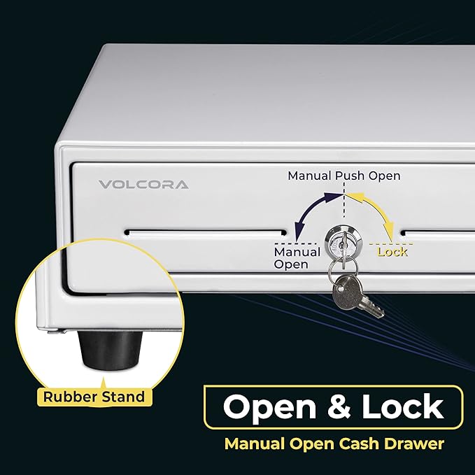 Volcora 13" Manual Push Open Cash Register Drawer for Point of Sale (POS) System, White Heavy Duty Till with 4 Bills and 5 Coin Slots, Key Lock with Removable Coin Tray and Double Media Slots