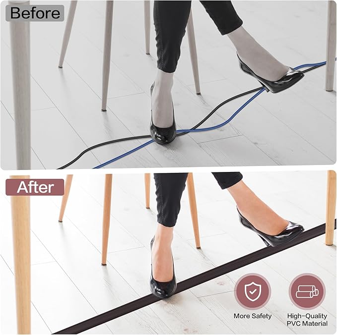 Floor Cord Cover Self Adhesive Cord Hider Floor Extension Cord Covers for Floor Power Cord Protector Cable Management Prevent Cable Trips Cable Cavity 0.47" W x 0.27" H (Dark Walnut, 20Ft)