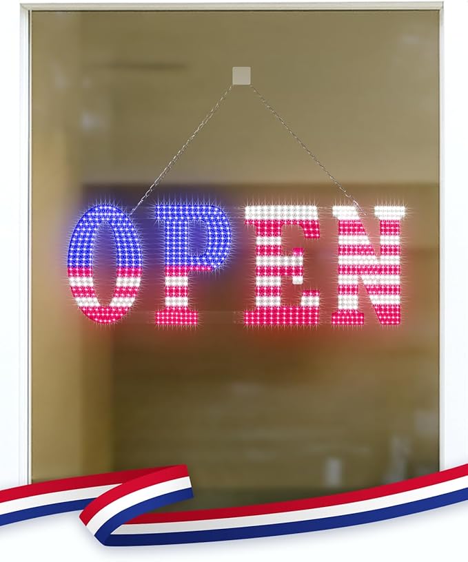 30'' x 10" Large Open Signs for Business, Super Bright LED Open Closed Sign with Hanging Installation, Light Up Sign for Bar Store Restaurant Office Hotel Salon USA Flag
