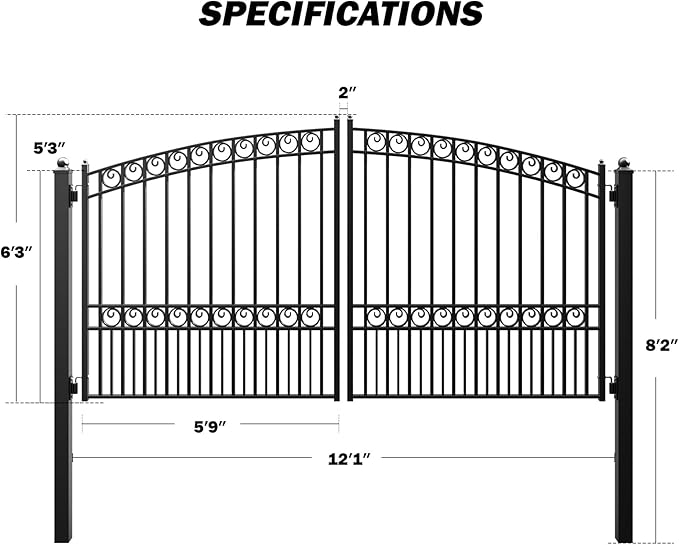 ZUMI Dual Swing Driveway Gate, 12x6 ft. Outdoor Steel Fence for Home Security, Heavy-Duty Weatherproof Iron Kit, Opera Style
