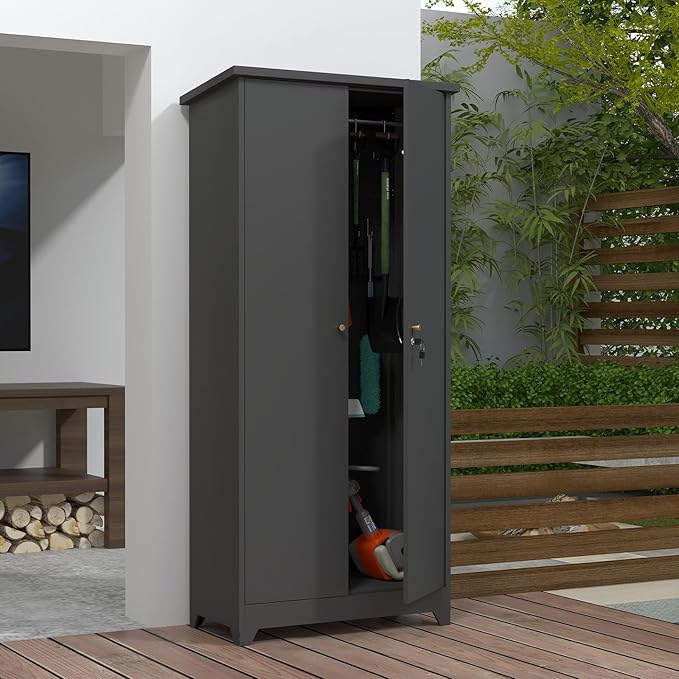LUCYPAL Outdoor Storage Cabinet Waterproof,Metal Storage Shed with Shelves,Tool Shed with Lockable Doors and Slooping Roof for Garden,Backyard,Patio Lawn,Grey