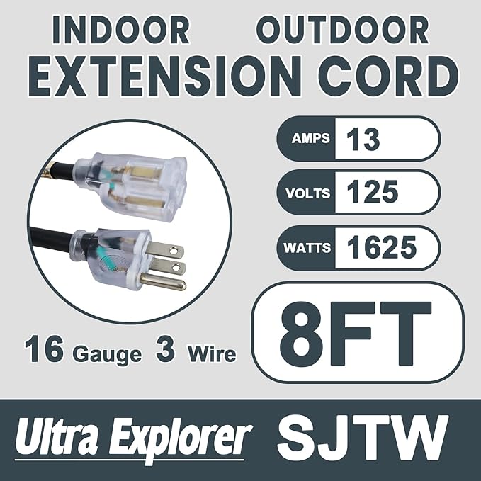 8 Ft Indoor Outdoor Black Extension Cord, 16/3 Heavy Duty Extension Cable, 3 Prong Grounded Plug with Lighted End for Appliance and Lawn, 13A, UL Listed