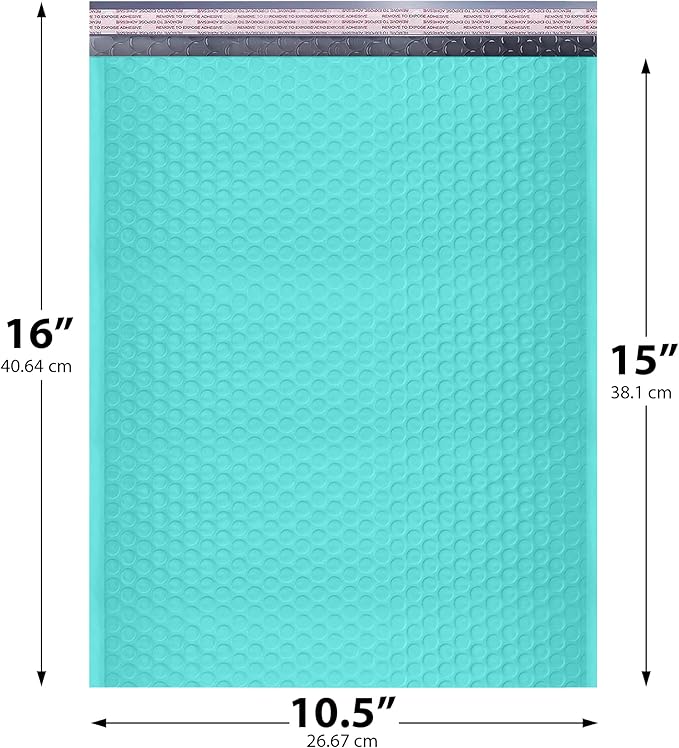 Teal 10.5x16 Inch Large Poly Bubble Mailers #5 | Padded Envelopes with Self Seal | Air Lined Cushioned Bubble Mailer | Usable Size 10.5x15 | 100 Pack Bulk | Lightweight shipping Bags
