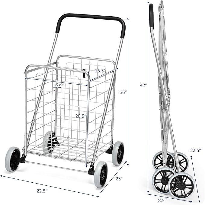 Goplus Shopping Carts for Groceries, Heavy Duty Folding Shopping Cart with Wheels, Portable Collapsible Grocery Cart, Light Weight Foldable Utility Cart for Laundry Silver