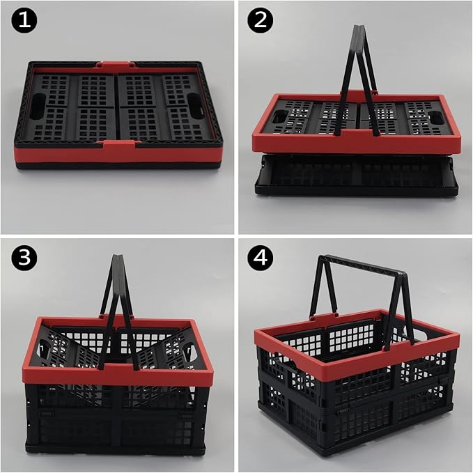 Idomy Pack of 2 Collapsible Storage Crates with Handles, Plastic Grocery Shopping Baskets