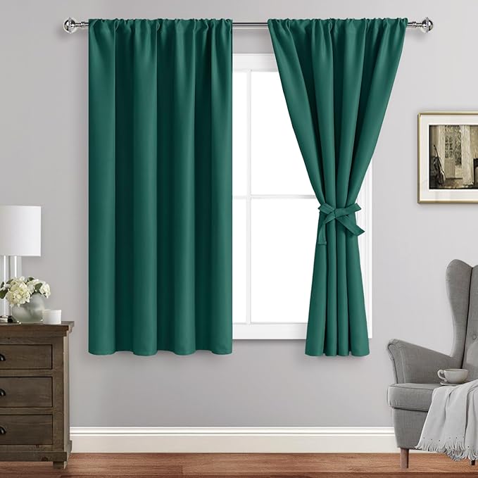 JIUZHEN Christmas Blackout Curtains for Bedroom - Thermal Insulated Room Darkening Rod Pocket Curtains for Living Room, Set of 2 Panels with Tiebacks, 38 x 45 Inch Length, Forest Green