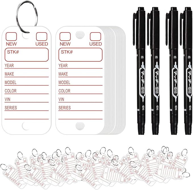 500 Pcs PVC Tags with Labels and Rings, Car Key for Organization, Identifiers, and Luggage Tags with 4 Pcs Markers, Plastic Keychain Tags for Car, Truck, and Dealer Use