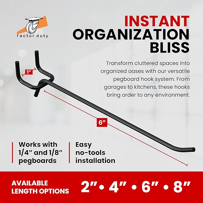 FactorDuty 6" Length Steel Black PEG Board Pegboard Shelving Hooks Wholesale Lot 20 lbs PEG Hooks Organizer Tools for Craft Storage, Garage, Kitchen, Tools and More