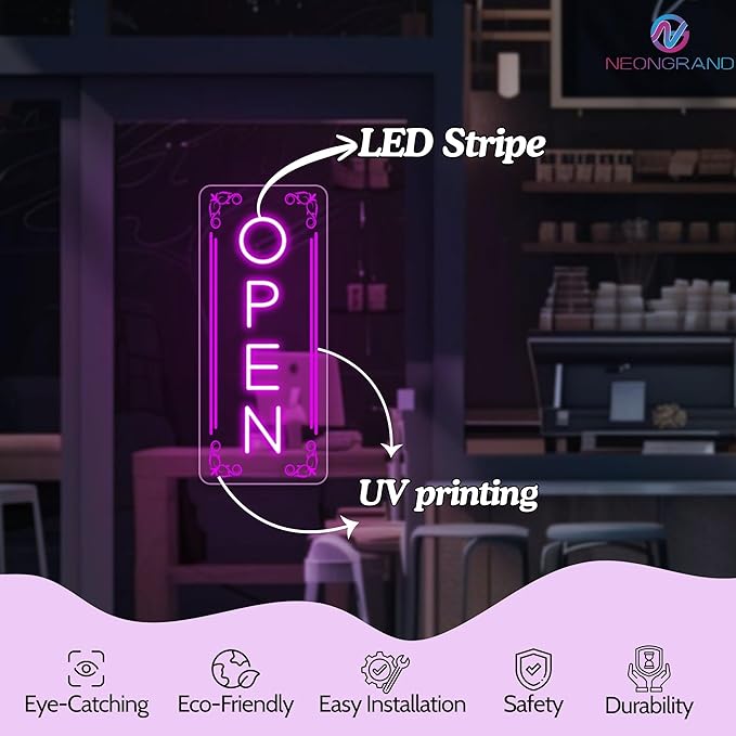 Vertical LED Open Signs for business – Super Bright - UV Printing Pattern, Remote Included - Large Size 10x24'' - Neon Open Sign for Café, Bar, Shop & Business Sign (Purple)