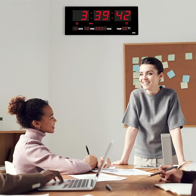 14.1 Inch Red Digital Wall Clock, Date/Day/Temperature Display, Energy Saving LEDs, Foldable Stand