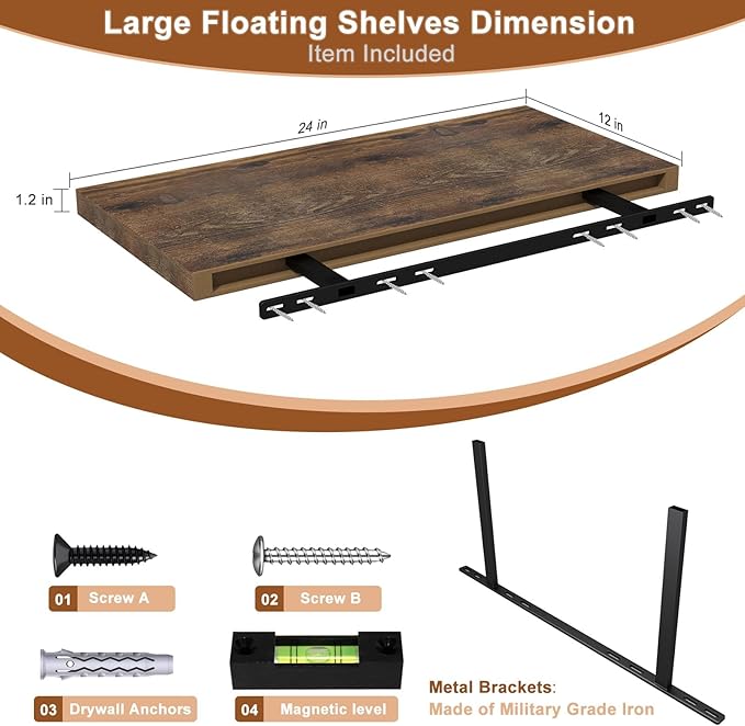 12 Inch Deep Floating Shelves for Wall 3 Pack Floating Shelfs Large Storage Space Wall Decor Display Shelf for Bathroom Living Room Bedroom Kitchen 23.8" W x 12" D x 1.2" H Rustic Brown
