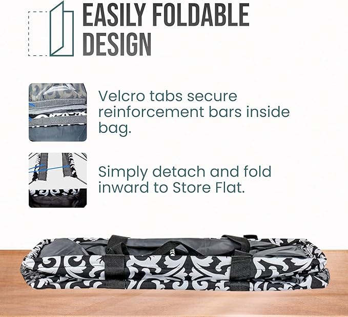 Extra Large Utility Tote Bag - Oversized Collapsible Reusable Wire Frame Rectangular Canvas Basket With Two Exterior Pockets For Beach, Pool, Laundry, Car Trunk, Storage - Damask Black