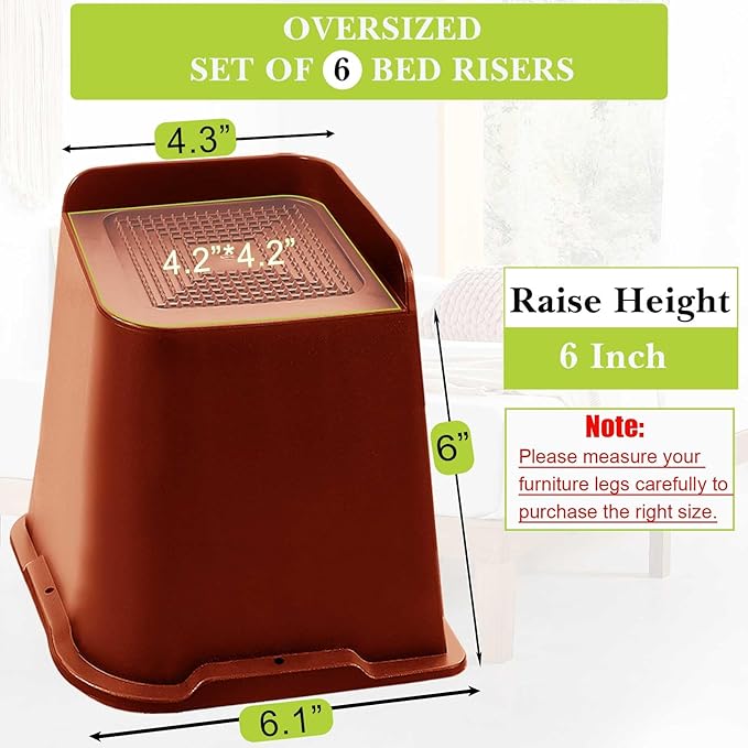 Bed Risers 1 inch, 2 inch, 3 inch, 4 inch, 6 inch, 8 inch Heavy Duty, Oversized Furniture Riser for Couch Sofa Table Chair Leg Frame Dorm, Support up to 6000 Lbs (Brown 6 Pack, 6 inch)