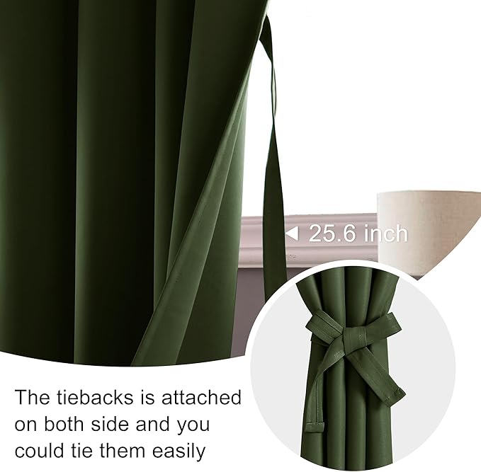 JIUZHEN Christmas Blackout Curtains for Bedroom - Thermal Insulated Room Darkening Rod Pocket Curtains for Living Room, Set of 2 Panels with Tiebacks, 38 x 45 Inch Length, Olive Green