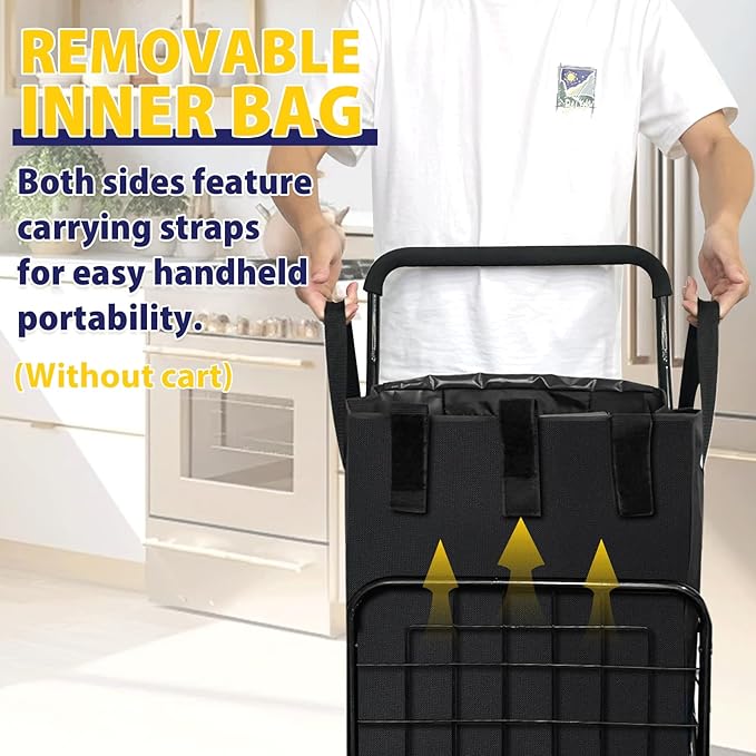 Waterproof Shopping Cart Liner with Cover (Without Carts) 14.7" X 13.2" X 20" Square Bottom, Fits Folding Shopping Trolley, Cover and Adjustable Straps for Easy Secure Attachment (Black