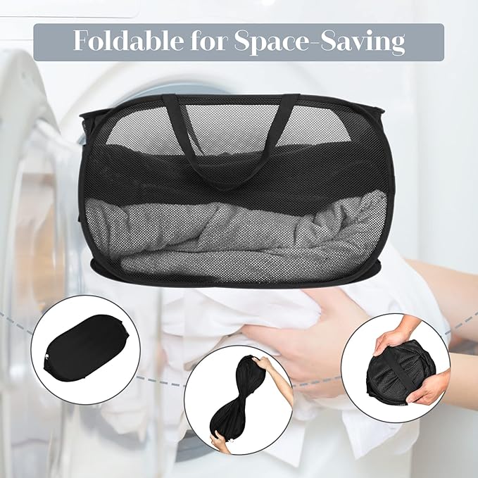 Durable Collapsible Laundry Baskets, Mesh Pop Up Laundry Hamper with Side Pocket, Foldable Clothes Hamper with Reinforced Carry Handles for Laundry, Bathroom, Kids Room, Dorm or Travel 2 Pack Black