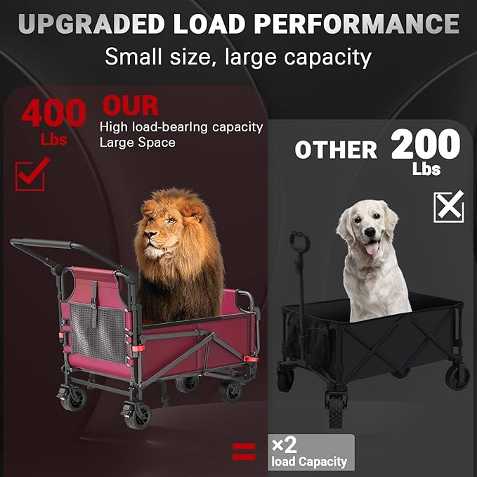 LEVELEVE Heavy Duty Folding Wagon - 2-in-1 Collapsible Cart, 400lb Capacity, All-Terrain Wheels w/Brakes & Side Pockets (Red)