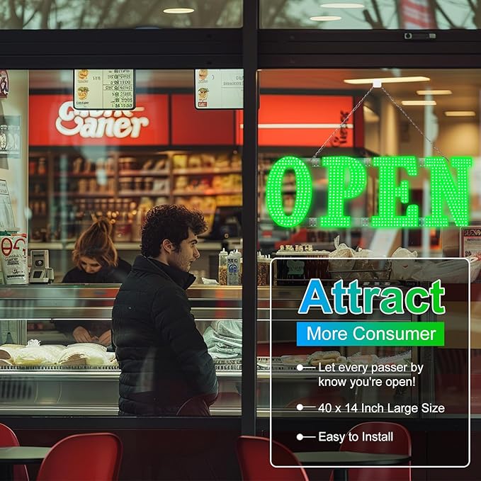 40"x14" Large LED Open Signs for Business Super Bright Unique Design Green Open Sign with Hanging Installation for Window Stores Bar Hotel Retail Shops Salon Restaurant Office