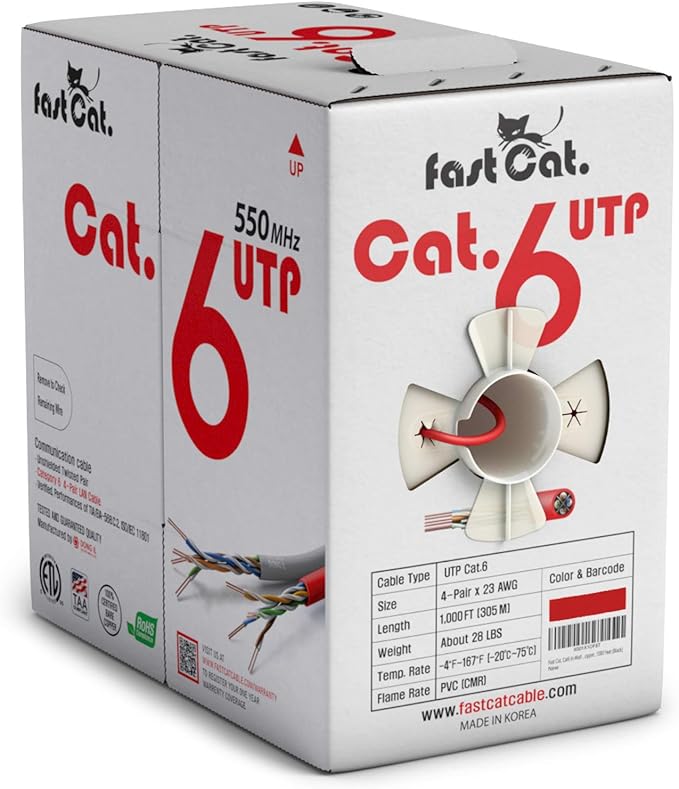 fast Cat. Cat6 Ethernet Cable 1000ft - 23 AWG, CMR, Insulated Solid Bare Copper Wire Cat 6 Cable with Noise Reducing Cross Separator - 550MHZ / 10 Gigabit Speed UTP LAN Cat6 Cable 1000ft - CMR (Red)