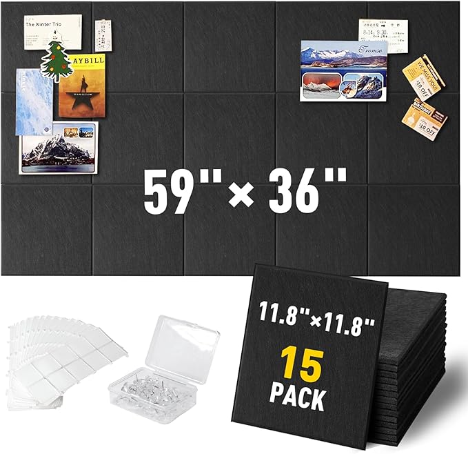 MAXECHO Large Cork Board for Wall 59" × 36", Black Bulletin Board, 15 Pack Felt Wall Tiles with Pushpins for Office Corkboard Tack Board Push Pin Board Felt Board