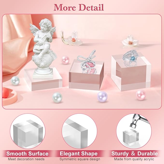 Acrylic Base Stand 6 Pack 3 X 3 Inch Acrylic Blocks for Display Trophy Base Clear Square Cube Riser Display Cylinder Pedestal Stands for Collectibles Jewelry Props Food Display 3 Size