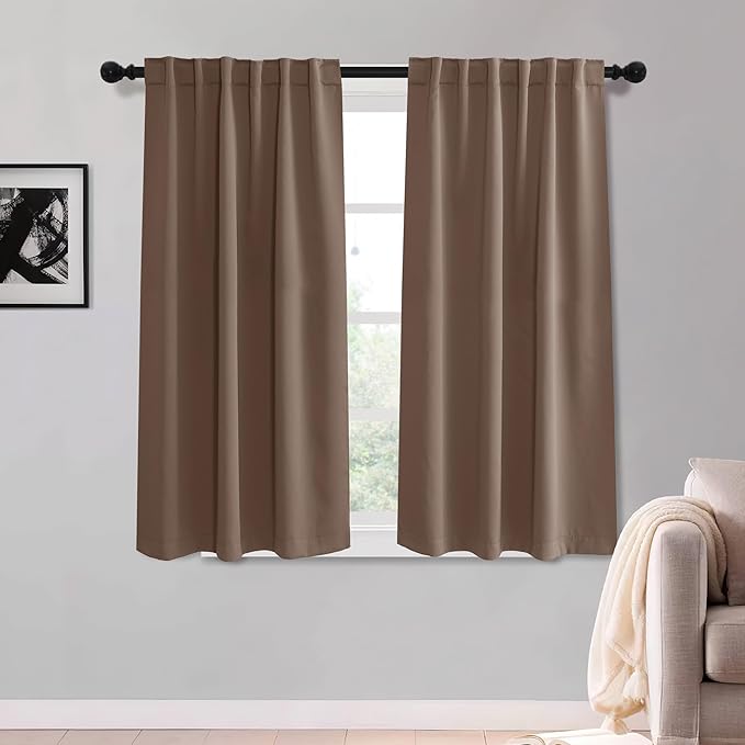KGORGE Room Darkening Curtains 54 inch Length, Privacy Thermal Insulation Energy Saving Noise Reducing Small Window Treatments for Nusery Office, Back Tab Rod Pocket, W52 x L54, Mocha, 2 Panels