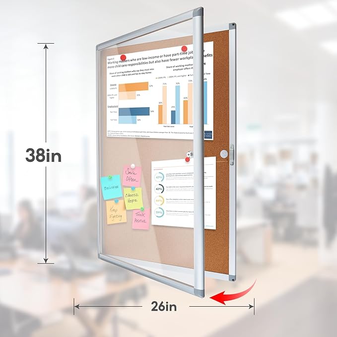 Enclosed Cork Bulletin Board Tamper-Proof Dispaly Case, Aluminium Frame, All-Weather Cork Noticeboard, Outdoor Enclosed Cork Board for School, Office, Restaurant, Hospital (38 X 26 Inches)